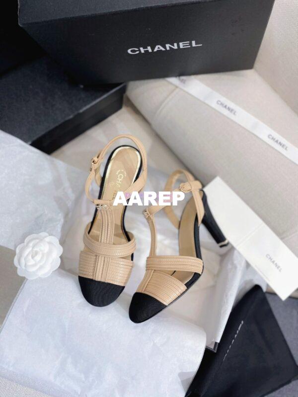Replica Chanel Lambskin & Grosgrain Pearl CC Slingback Open Shoes G39016 Beige 7