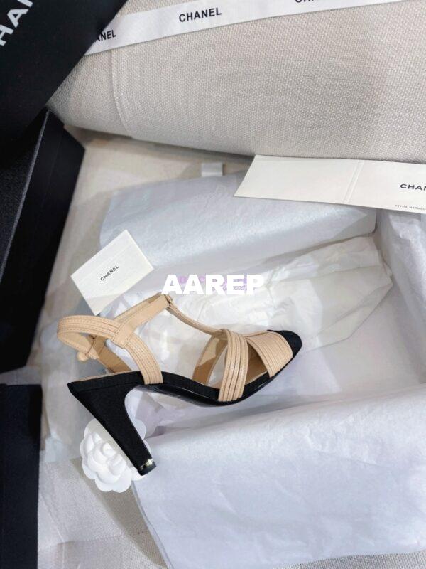 Replica Chanel Lambskin & Grosgrain Pearl CC Slingback Open Shoes G39016 Beige 8