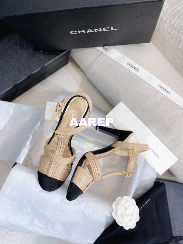 Replica Chanel Lambskin & Grosgrain Pearl CC Slingback Open Shoes G39016 Beige 9