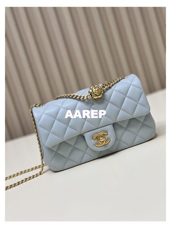 Replica Chanel Lambskin Flap Bag with Camellia Crush Chain AS4041 Cloud Blue 4