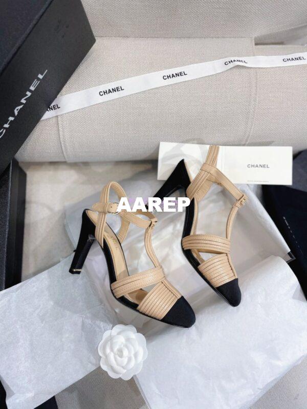 Replica Chanel Lambskin & Grosgrain Pearl CC Slingback Open Shoes G39016 Beige 10