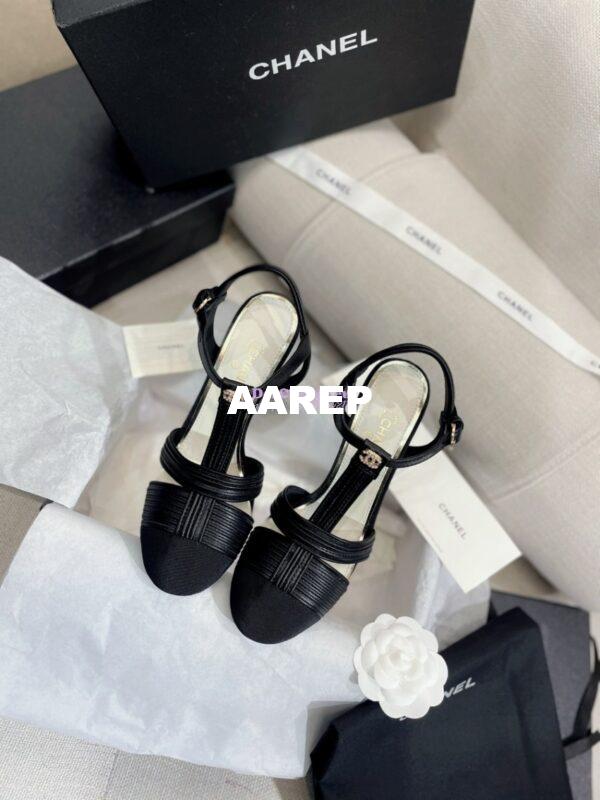 Replica Chanel Lambskin & Grosgrain Pearl CC Slingback Open Shoes G39016 Black 3