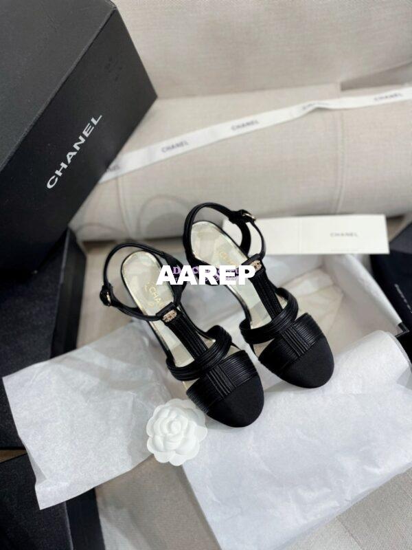 Replica Chanel Lambskin & Grosgrain Pearl CC Slingback Open Shoes G39016 Black 4