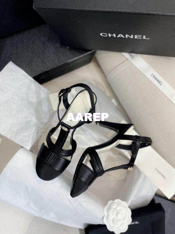 Replica Chanel Lambskin & Grosgrain Pearl CC Slingback Open Shoes G39016 Black 5