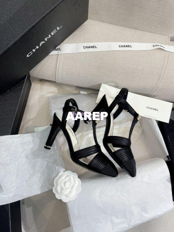 Replica Chanel Lambskin & Grosgrain Pearl CC Slingback Open Shoes G39016 Black 6