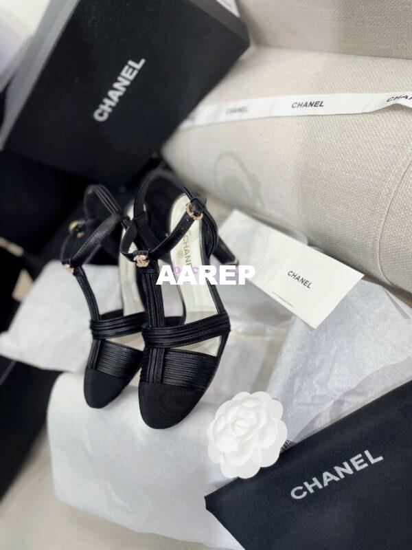 Replica Chanel Lambskin & Grosgrain Pearl CC Slingback Open Shoes G39016 Black 7