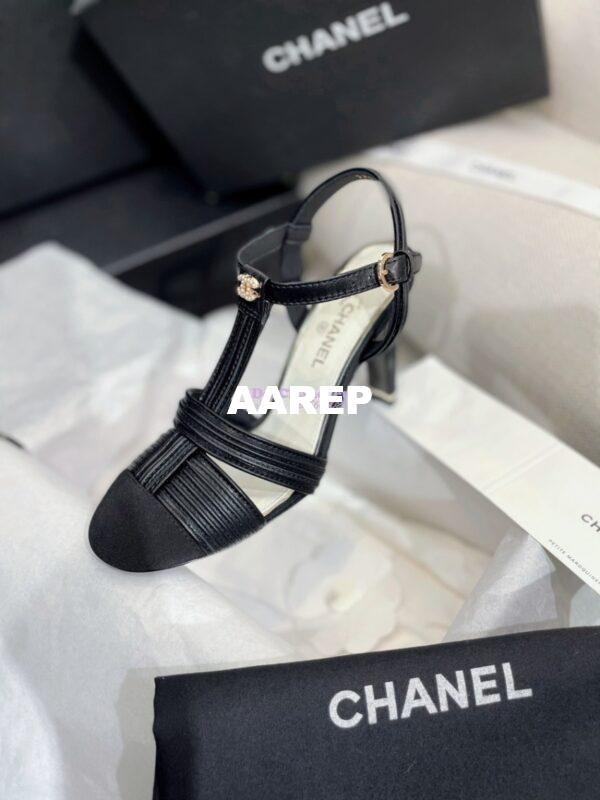 Replica Chanel Lambskin & Grosgrain Pearl CC Slingback Open Shoes G39016 Black 8