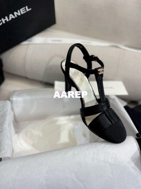 Replica Chanel Lambskin & Grosgrain Pearl CC Slingback Open Shoes G39016 Black 9