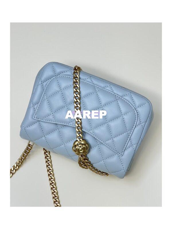 Replica Chanel Lambskin Mini Flap Bag with Camellia Crush Chain AS4040 Cloud Blue 12
