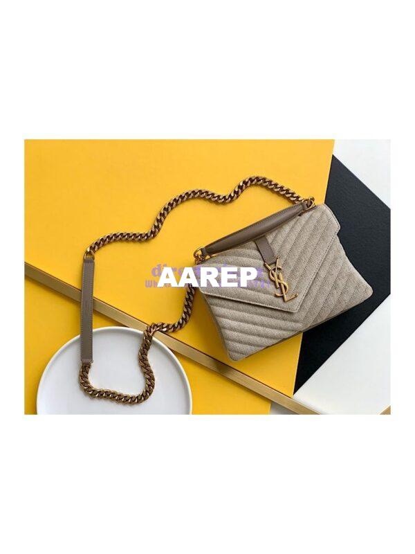 Replica YSL Saint Laurent College Medium In Quilted Linen Canvas And Leather Taupe 6002792 3