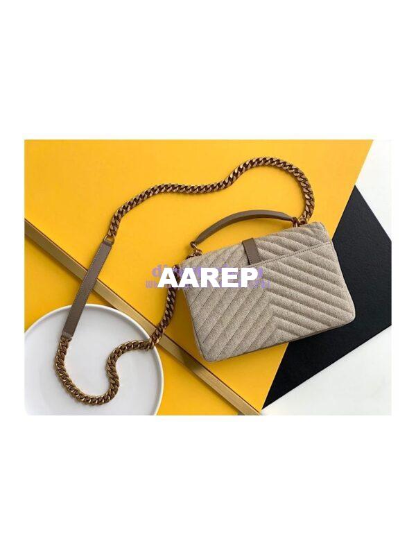 Replica YSL Saint Laurent College Medium In Quilted Linen Canvas And Leather Taupe 6002792 10