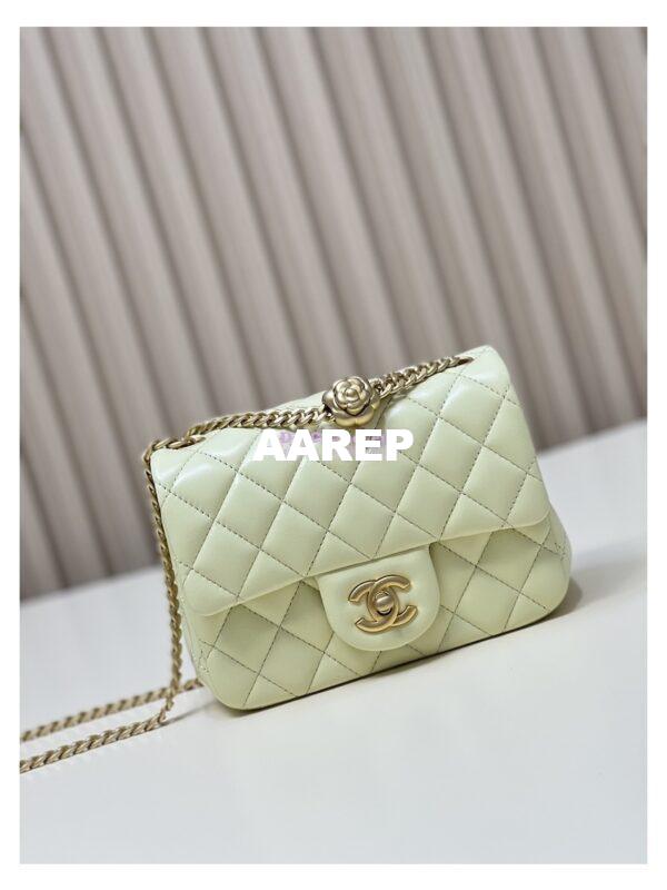 Replica Chanel Lambskin Mini Flap Bag with Camellia Crush Chain AS4040 Light Yellow 3