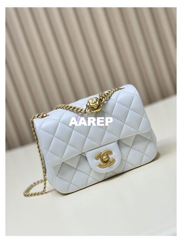Replica Chanel Lambskin Mini Flap Bag with Camellia Crush Chain AS4040 White 6