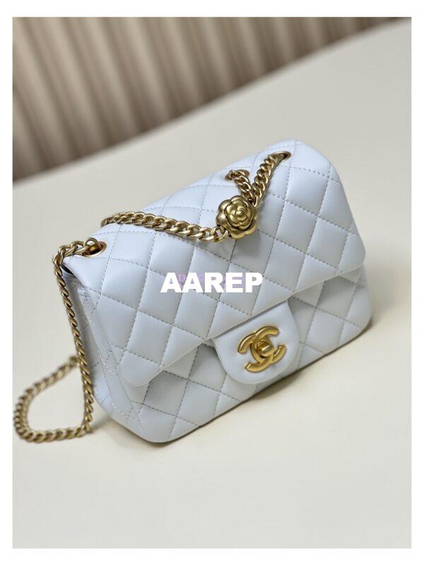Replica Chanel Lambskin Mini Flap Bag with Camellia Crush Chain AS4040 White 7