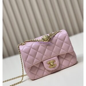 Replica Chanel Lambskin Mini Flap Bag with Camellia Crush Chain AS4040 Light Pink