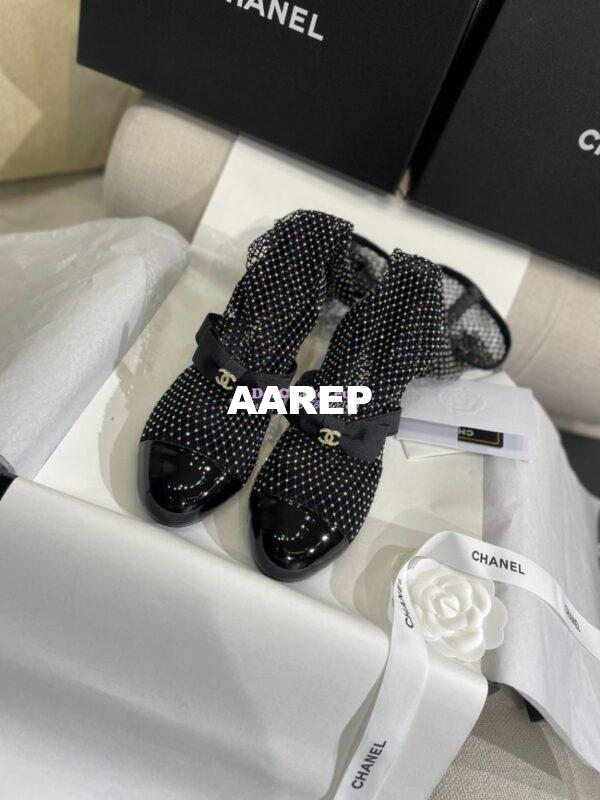 Replica Chanel Mary Jane Resille, Strass, Kid Suede & Patent Calfskin G40101 Black & Silver 6