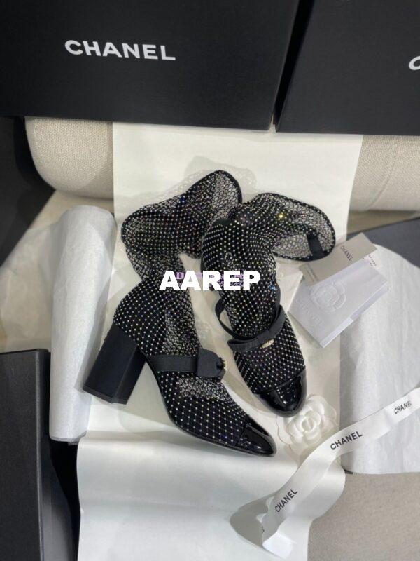 Replica Chanel Mary Jane Resille, Strass, Kid Suede & Patent Calfskin G40101 Black & Silver 14
