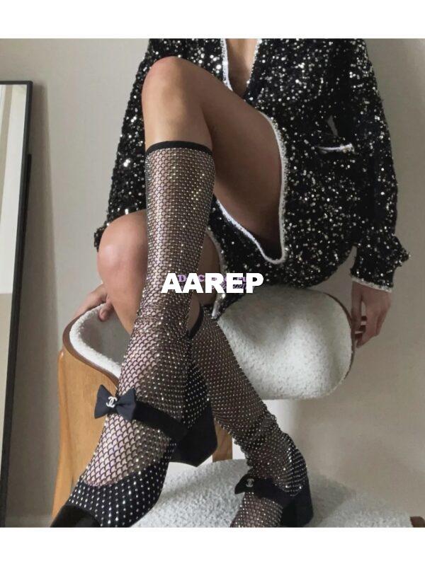 Replica Chanel Mary Jane Resille, Strass, Kid Suede & Patent Calfskin G40101 Black & Silver 23