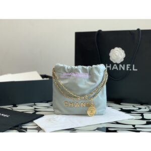 Replica Chanel Mini 22 Handbag Shiny Calfskin & Gold Metal AS3980 Cloud Blue