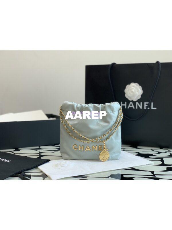 Replica Chanel Mini 22 Handbag Shiny Calfskin & Gold Metal AS3980 Cloud Blue