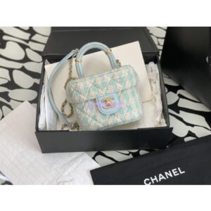 Replica Chanel 23SS Small Vanity Case in Tweed & Lambskin Light Blue AS3973 (Limited Edition)
