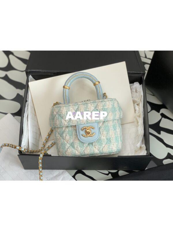 Replica Chanel 23SS Small Vanity Case in Tweed & Lambskin Light Blue AS3973 (Limited Edition) 2