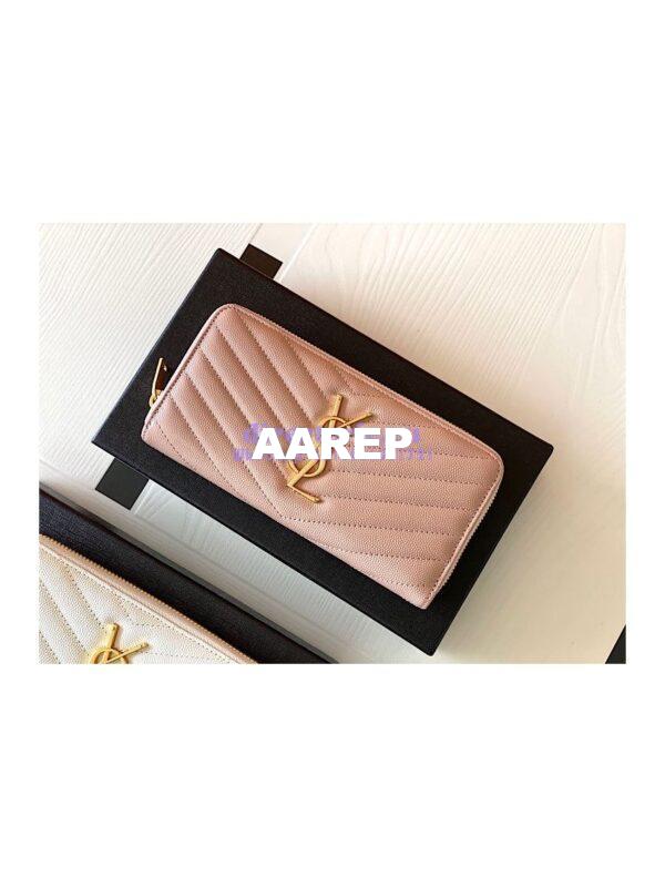 Replica YSL Saint Laurent Monogram Zip Around Wallet In Grain De Poudre Embossed Leather 358094 Light Pink
