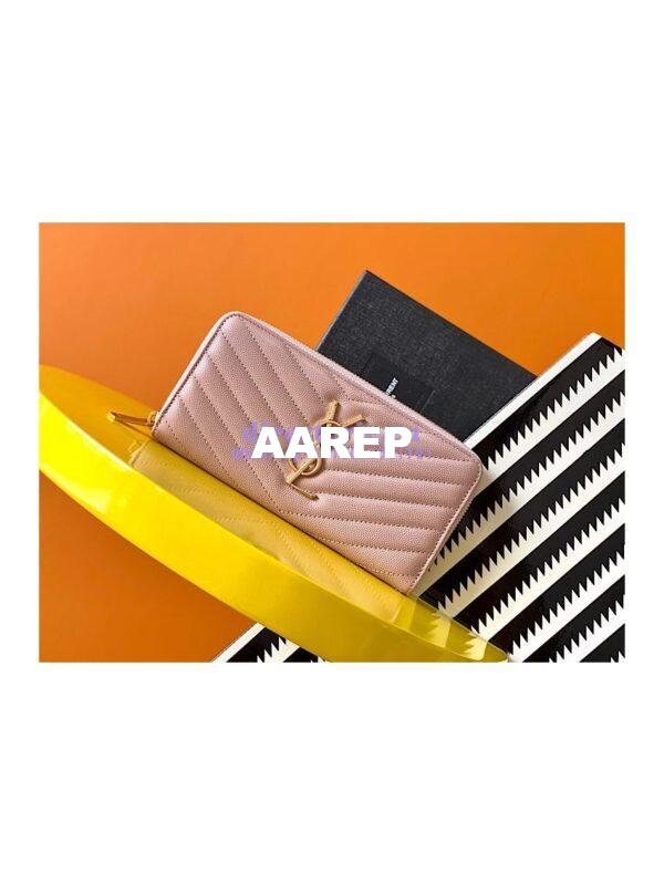 Replica YSL Saint Laurent Monogram Zip Around Wallet In Grain De Poudre Embossed Leather 358094 Light Pink 2