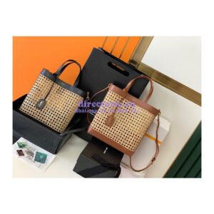 Replica YSL Saint Laurent Saint Laurent N/S Toy Shopping Bag in Woven Cane And Black Leather 6551612