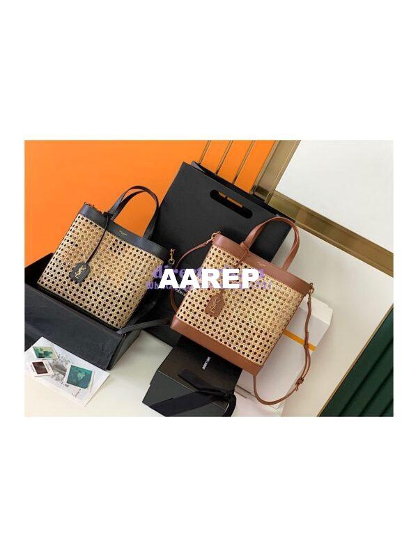 Replica YSL Saint Laurent Saint Laurent N/S Toy Shopping Bag in Woven Cane And Black Leather 6551612 3