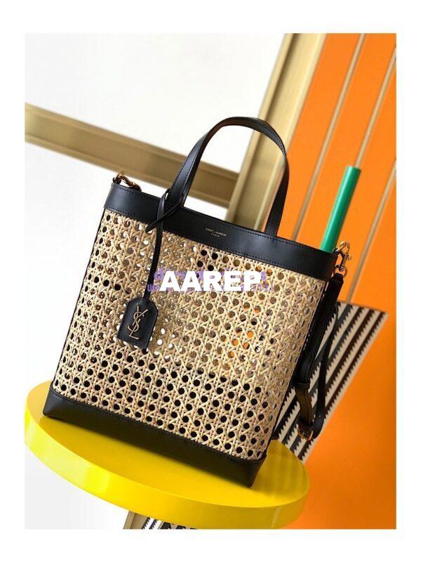 Replica YSL Saint Laurent Saint Laurent N/S Toy Shopping Bag in Woven Cane And Black Leather 6551612 6
