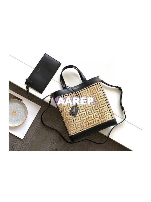 Replica YSL Saint Laurent Saint Laurent N/S Toy Shopping Bag in Woven Cane And Black Leather 6551612 7