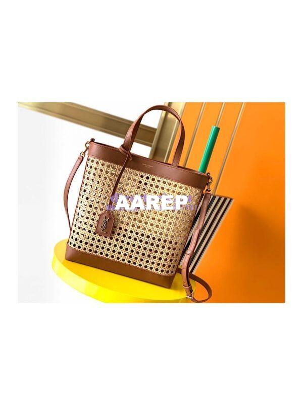Replica YSL Saint Laurent Saint Laurent N/S Toy Shopping Bag in Woven Cane And Brown Leather 6551612 5
