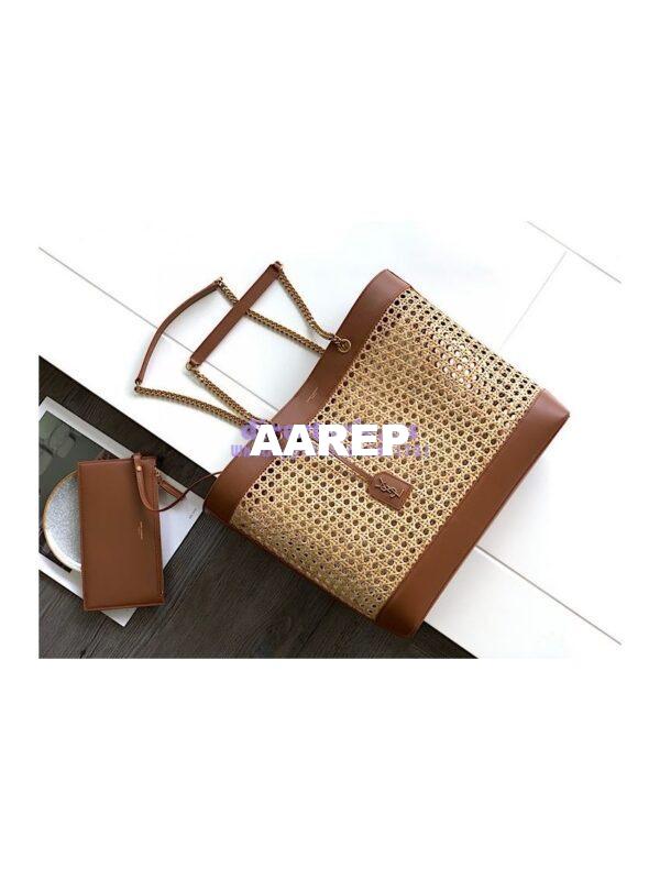 Replica YSL Saint Laurent E/W Shopping Bag in Woven Cane And Leather 6551432 4