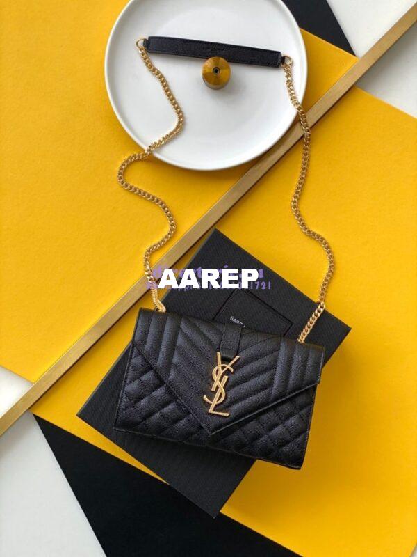 Replica YSL Envelope small bag in mix matelassé grain de poudre embossed leather 526286 black GHW 3