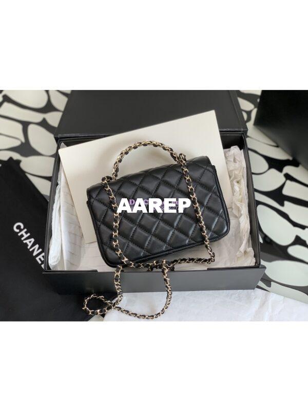 Replica Chanel 23P Small Flap Bag Lambskin Diamante Handle AS4140 Black 11