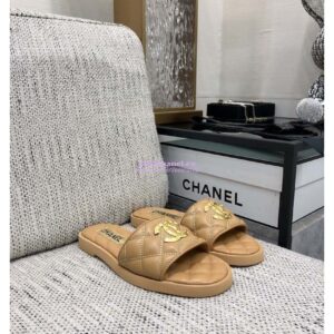 Replica Chanel Lambskin CC Quilted Mules G45014 Beige