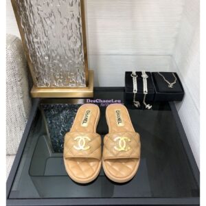 Replica Chanel Lambskin CC Quilted Mules G45014 Beige 2