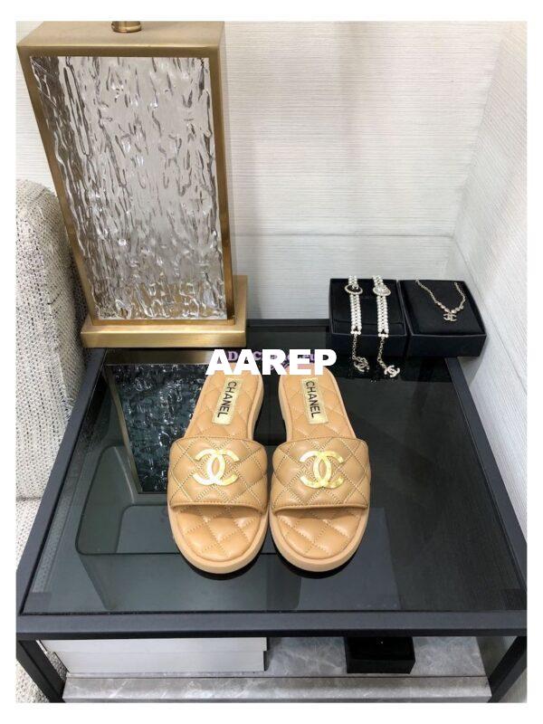 Replica Chanel Lambskin CC Quilted Mules G45014 Beige 4