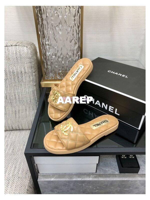 Replica Chanel Lambskin CC Quilted Mules G45014 Beige 5