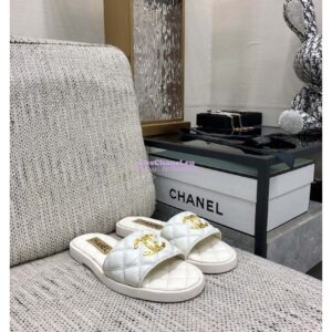 Replica Chanel Lambskin CC Quilted Mules G45014 White