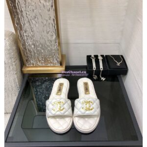 Replica Chanel Lambskin CC Quilted Mules G45014 White 2