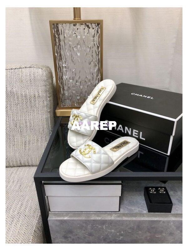 Replica Chanel Lambskin CC Quilted Mules G45014 White 5
