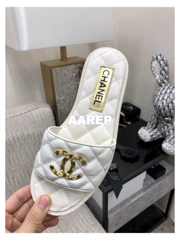 Replica Chanel Lambskin CC Quilted Mules G45014 White 7