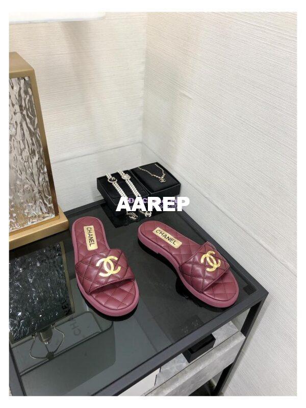 Replica Chanel Lambskin CC Quilted Mules G45014 Burgundy 4