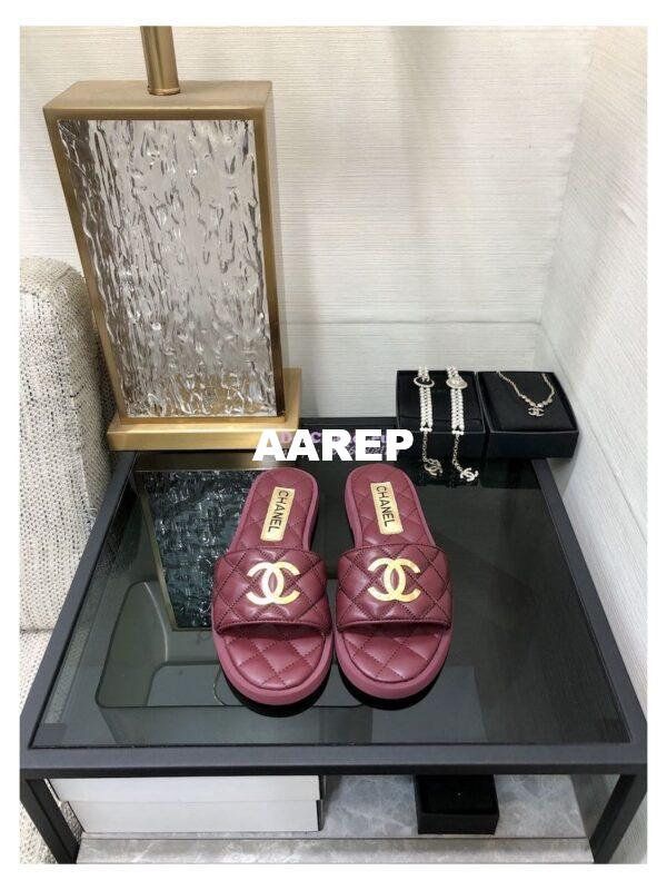 Replica Chanel Lambskin CC Quilted Mules G45014 Burgundy 9