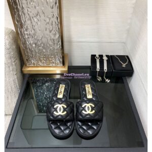 Replica Chanel Lambskin CC Quilted Mules G45014 Black 2