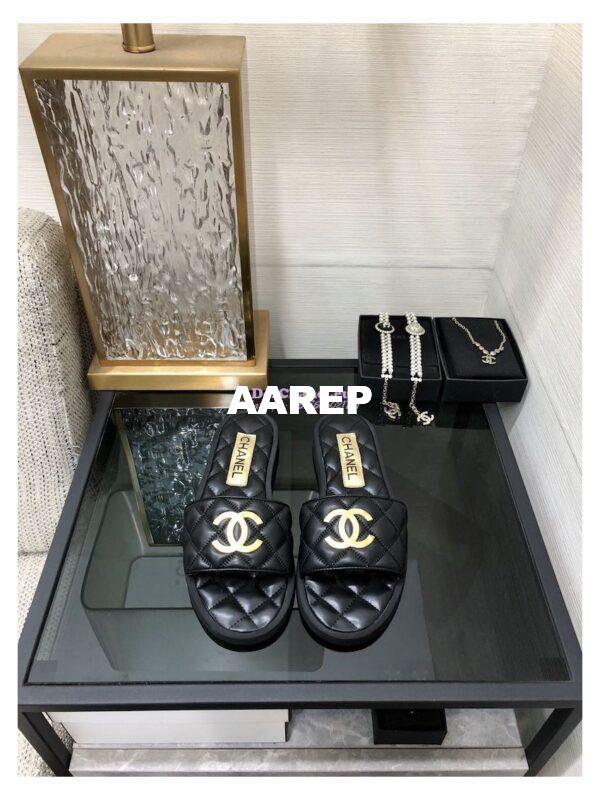 Replica Chanel Lambskin CC Quilted Mules G45014 Black 2