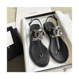 Replica Chanel 23P Lambskin & Diamanté Sandals 15mm heel G39728 Black
