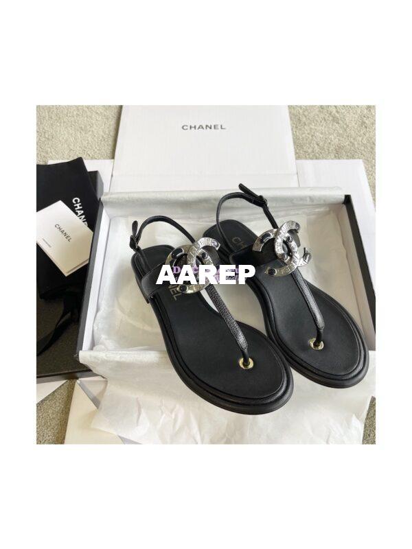Replica Chanel 23P Lambskin & Diamanté Sandals 15mm heel G39728 Black 3